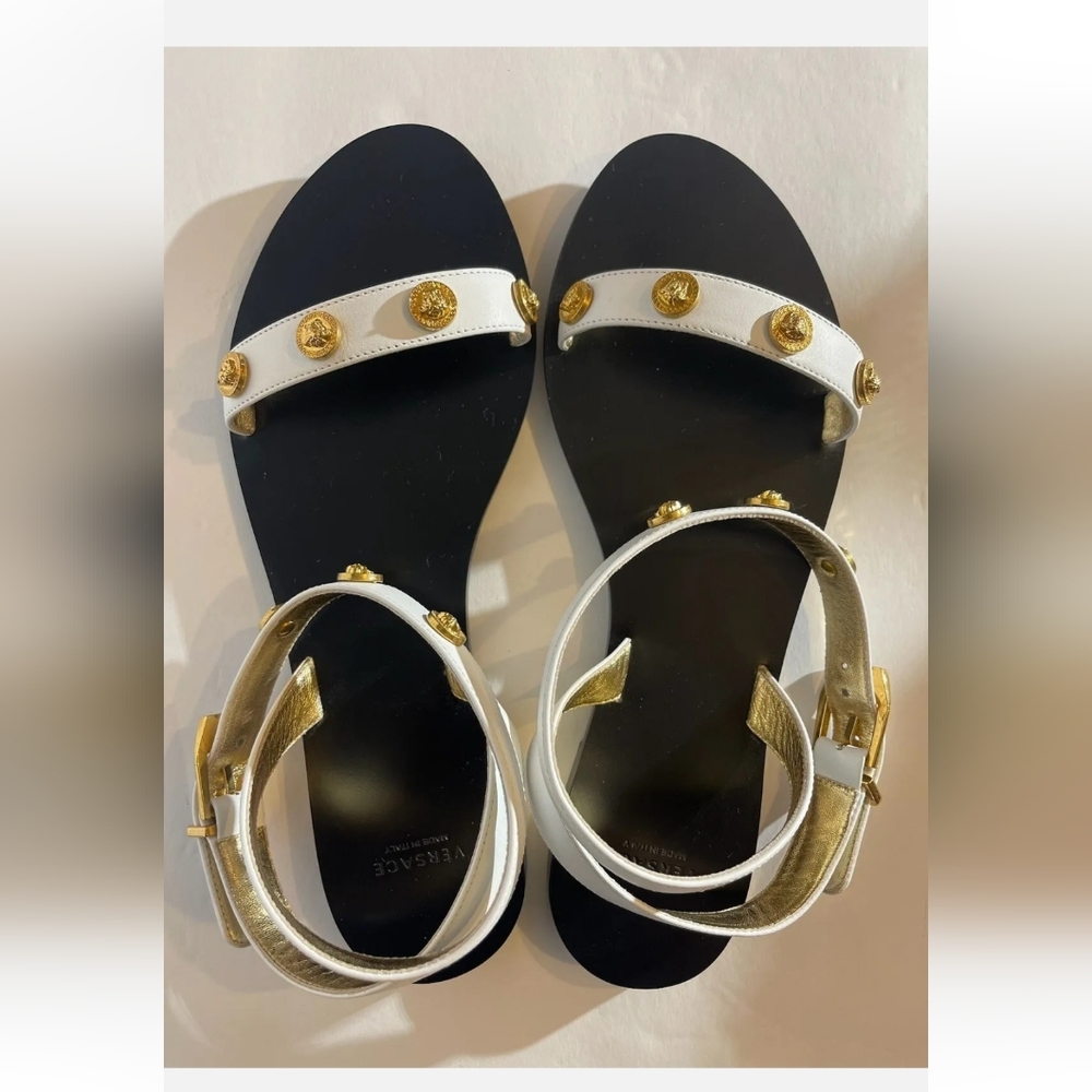 VERSACE White MEDUSA LOGO STUDDED Ankle Wrap TRIBUTE FLAT SANDALS Size 7/37